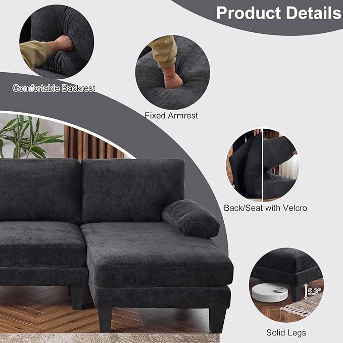 Karl home U-Shape Sectional Sofa Couch 111" Modern 4-Seat Sofa with Chaises Chenille Fabric Upholstered Covertible Couch with Wood Grain Legs for Living Room, Reception Room, Apartment, Black-Ruum Studio Home