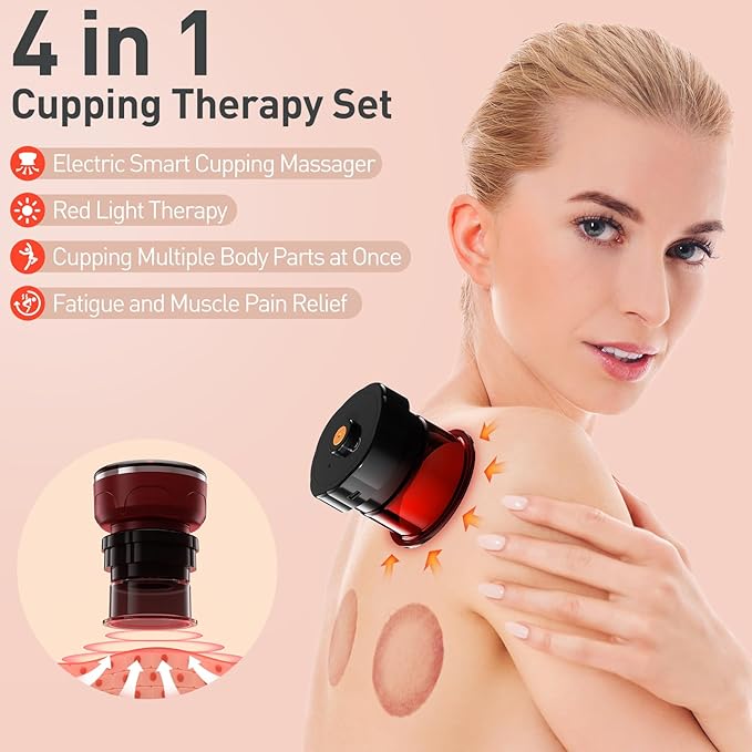 UBALANCE Cupping Kit for Massage Therapy, Cupping Therapy Set 6 Cups, Electric Smart Cupping Machine, 4 in 1 Negative Pressure Massager with 12 Modes for Fatigue Relief, Red-Ruum Studio Home