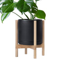 D'vine Dev Ceramic Planter with Natural Stand - 12 Inch Modern Round Flower Pot with Wood Planter Holder, Black, 55-B-J-2-Ruum Studio Home