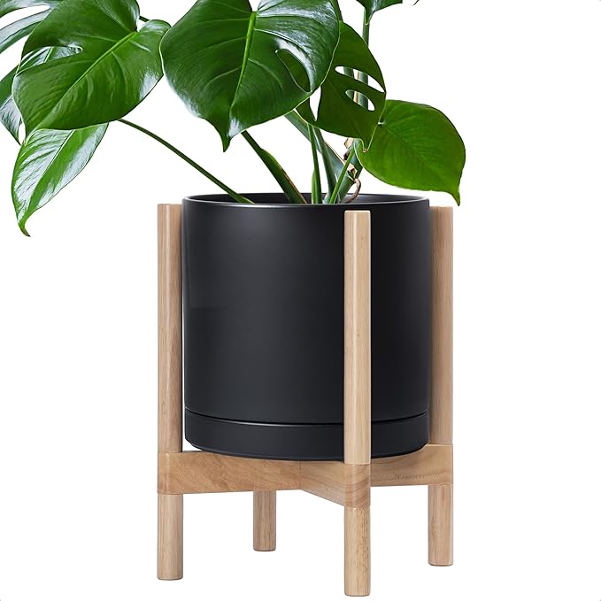 D'vine Dev Ceramic Planter with Natural Stand - 12 Inch Modern Round Flower Pot with Wood Planter Holder, Black, 55-B-J-2-Ruum Studio Home