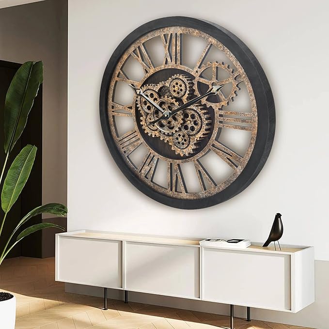 HOIBAI Large Wall Clock, 24 Inch Wall Clocks for Living Room Decor Farmhouse Vintage Rustic Kitchen Wall Decor Vintage Roman Big Oversized Wall Clock for Home Bedroom House Office, Moving Gears Clock-Ruum Studio Home