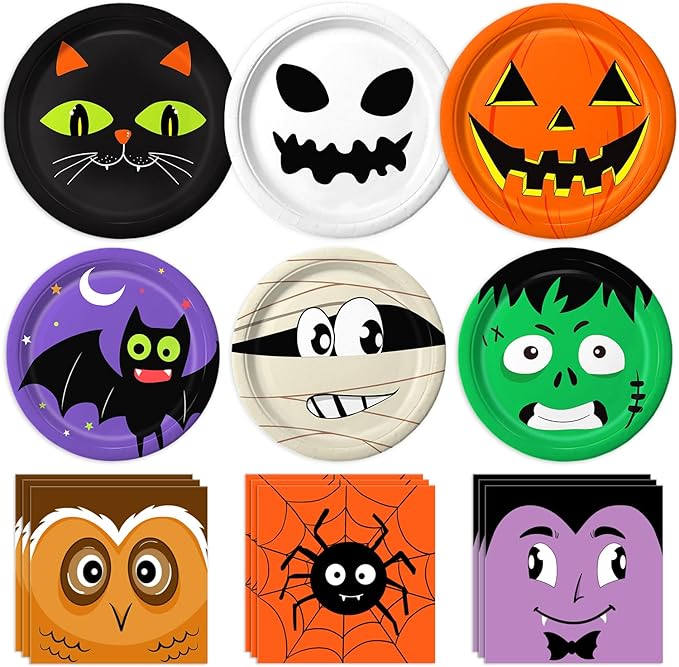 105PCS Halloween Paper Plates Ghosts Pumpkin Skull Spider Web Design for Halloween Party Decorations Supplies, Serves 30-Ruum Studio Home