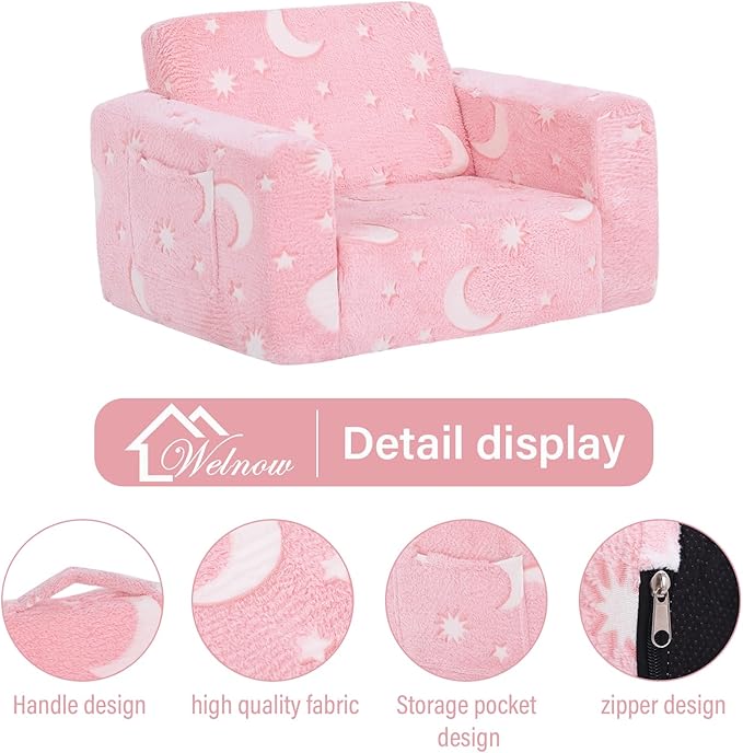 Welnow 2-in-1 Kids Sofa Chair, Glow in The Dark Convertible Toddler Chair Flip Out Children Sofa Chair Folding Kids Play Sofa with Side Pockets & Removable Cover Armrest Chair for Girl or Boy-Ruum Studio Home