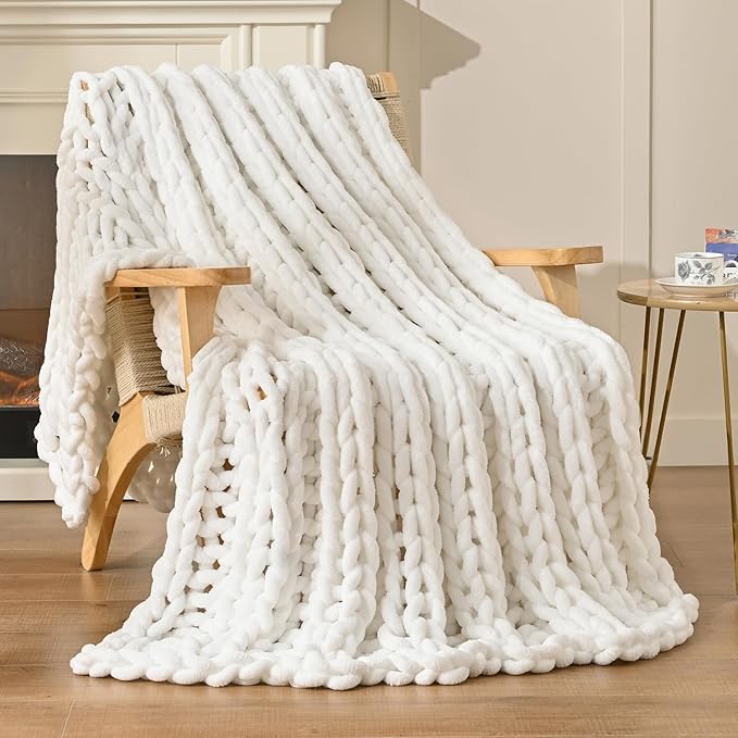 Esterra Chunky Knit Blanket Throw, 100% Handmade Chenille Throw Blanket 40"x50", Soft Thick Yarn Cable Knit Crochet Throw Blanket Rope Knot Throw for Couch Bed Sofa, Bright White-Ruum Studio Home
