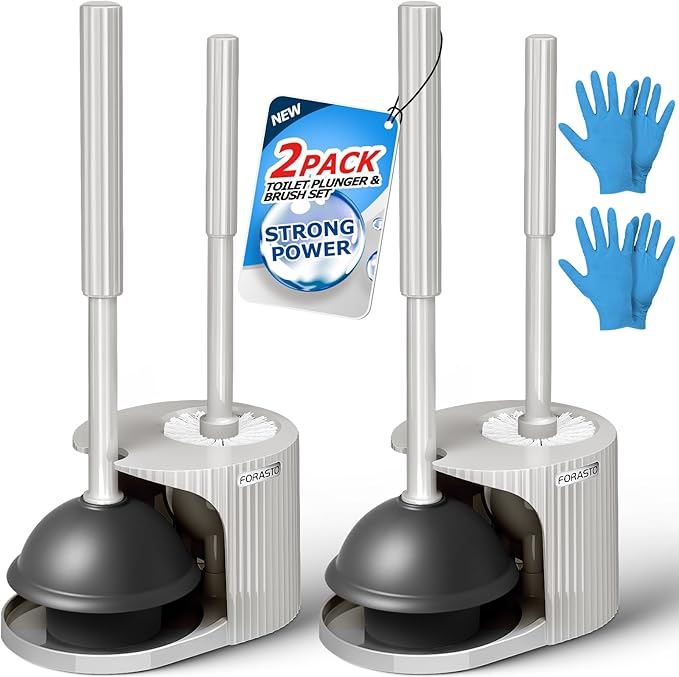 2Pack 2 in 1 Toilet Brush and Plunger Set, Extended Handle Plunger，Toilet Bowl Brush Plunger Set,Bathroom Cleaning Tools ，Toilet Brush Plunger Combo，Cleaning Supplies（Cream Grey）-Ruum Studio Home