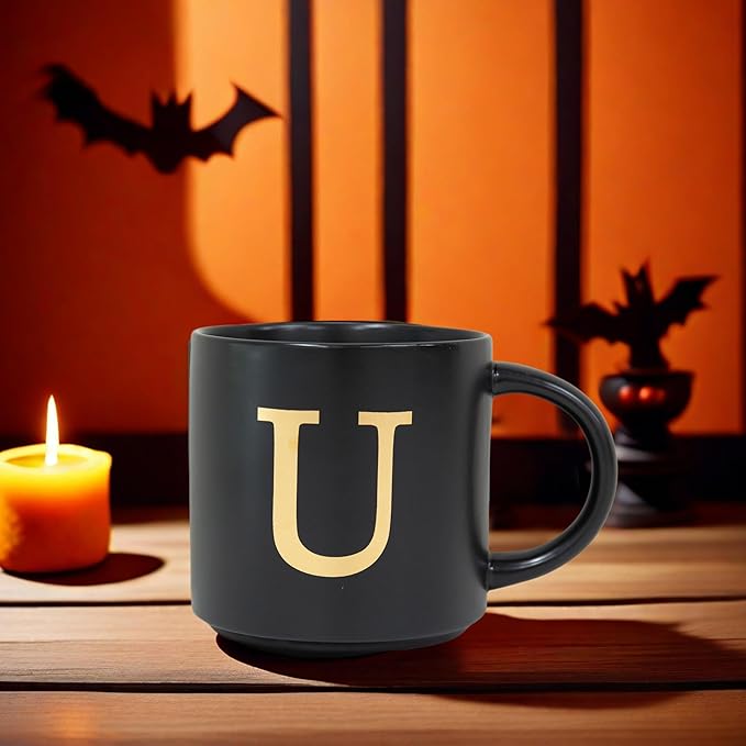 COLLECTIVE HOME - Monogram Ceramic Mugs, 15 oz Golden Initial Black Coffee Cups, Elegant Alphabet Tea Mugs, Elegant Personalized Mug with Gift Box, Unique Mug with Double Side Capital Lette (U)-Ruum Studio Home