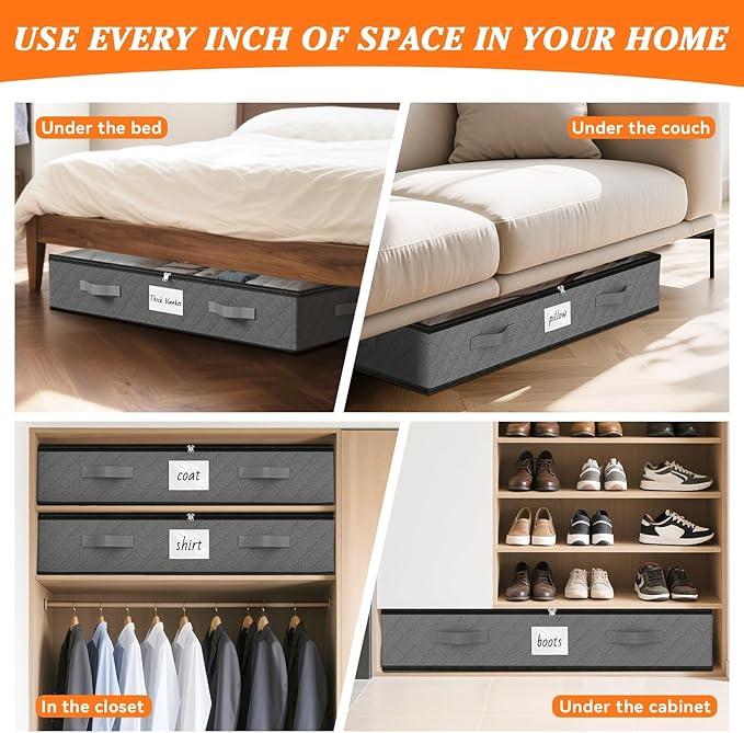 SpaceWhisper 90L Under Bed Storage Containers, 8-Pack Storage Bins with Clear Top, Foldable Closet Organizers and Storage with Label Holder for Clothing, Blankets, Comforter & Pillows (Grey)-Ruum Studio Home