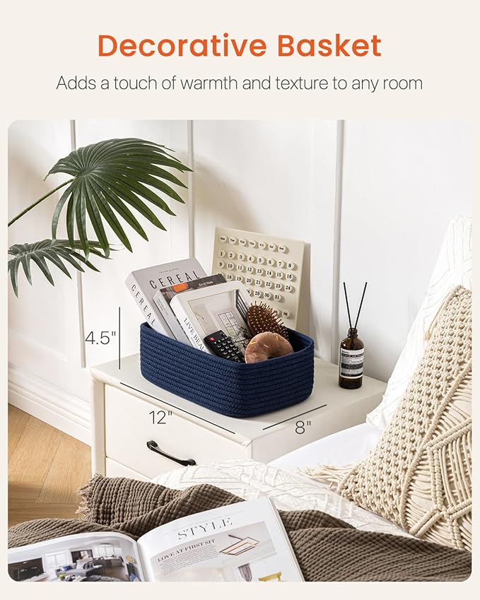 KALLAX Small Woven Basket, 12 x 8 x 4.5 Inches, Storage Basket for Organizing, Cute Small Rope Shelf Closet Cube Storage Bins Baskets for Shelves, Dog Toy Gift Baskets Empty, 3 Packs, Navy Blue-Ruum Studio Home