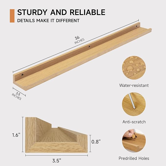 Fun Memories Picture Ledge Shelf, 36 Inch Floating Shelves Set of 2, Nursery Book Shelves for Toys Storage, Kids Bookshelf Wall Mounted for Wall Decor Books Photo Frames, Oak-Ruum Studio Home