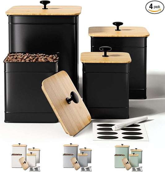 Kitchen Canisters for Countertop Set of 4 with Customizable Chalkboard Labels & Marker Pen - Big Iron Kitchen Canisters with Airtight Lids - Black Canister Set - Flour and Sugar Containers Farmhouse-Ruum Studio Home