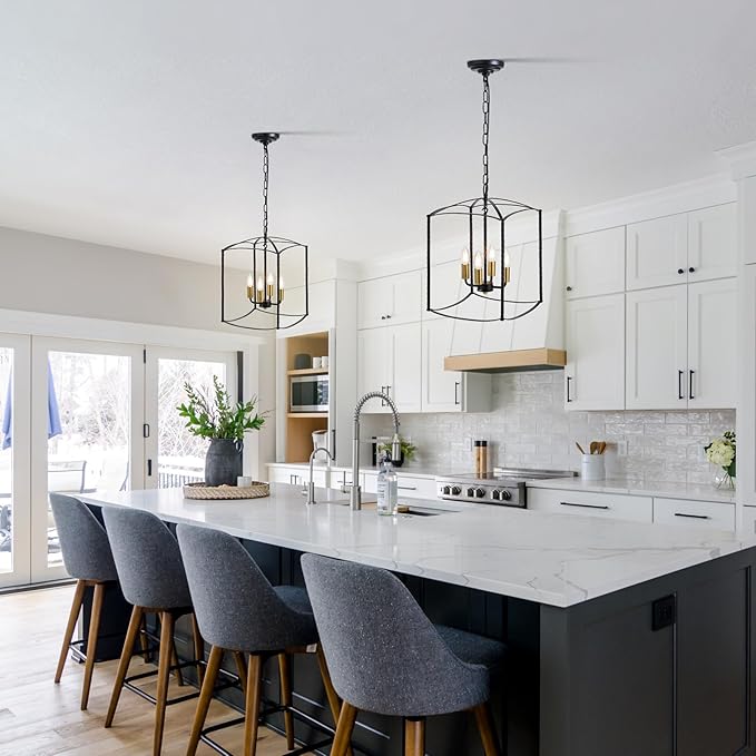 Farmhouse 4 Lights Pendant Light, Industrial Black Lantern Chandelier with E12 Gold Base Metal Cage Rustic Geometric Hanging Light Fixtures for Kitchen Island Foyer Entryway Dining Room-Ruum Studio Home