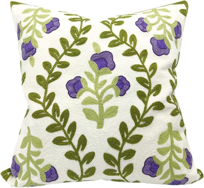 Alysheer Floral Embroidered Spring Decorative Throw Pillow Cover 18"x 18", Farmhouse Cottage Purple Flowers Green Leaves Knit Pattern Cotton Canvas Cushion Case for Sofa Couch Bed Living Room Decor-Ruum Studio Home