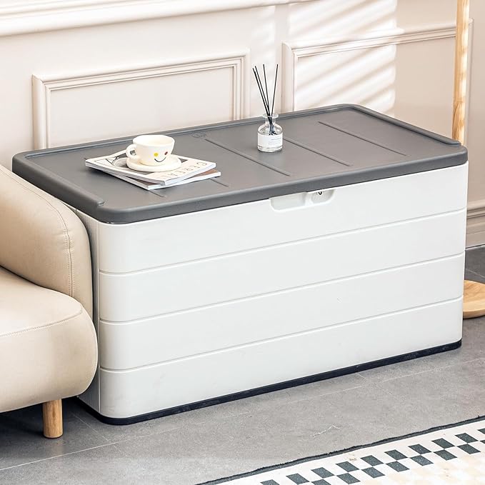 100 Gallon Outdoor Storage Box Waterproof Lockable Resin Deck Box Large, Patio Storage Bin for Pool Accessories Cushion Furniture, Garden Tools, UV-Resistant Outside Delivery Black&White-Ruum Studio Home