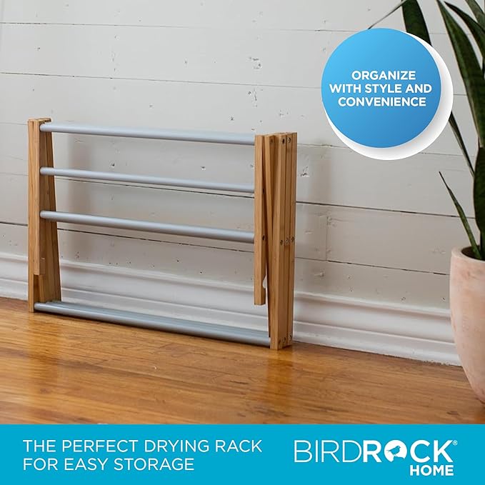 BirdRock Home Wooden Clothes Drying Rack | 3-Tier Foldable Bamboo Laundry Stand | Water-Resistant, Fully Assembled, Collapsible Indoor/Outdoor Dryer for Hanging Clothes | Grey-Ruum Studio Home