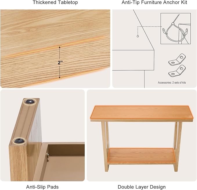 BECHAEO 47-Inch Farmhouse Narrow Console Table, 2'' Thickened Entryway Table with Solid Wood Veneer, 2-Tier Sofa Tables Behind Couch, Rectangle Hallway Tables for Living Room, Foyer Rustic Oak-Ruum Studio Home