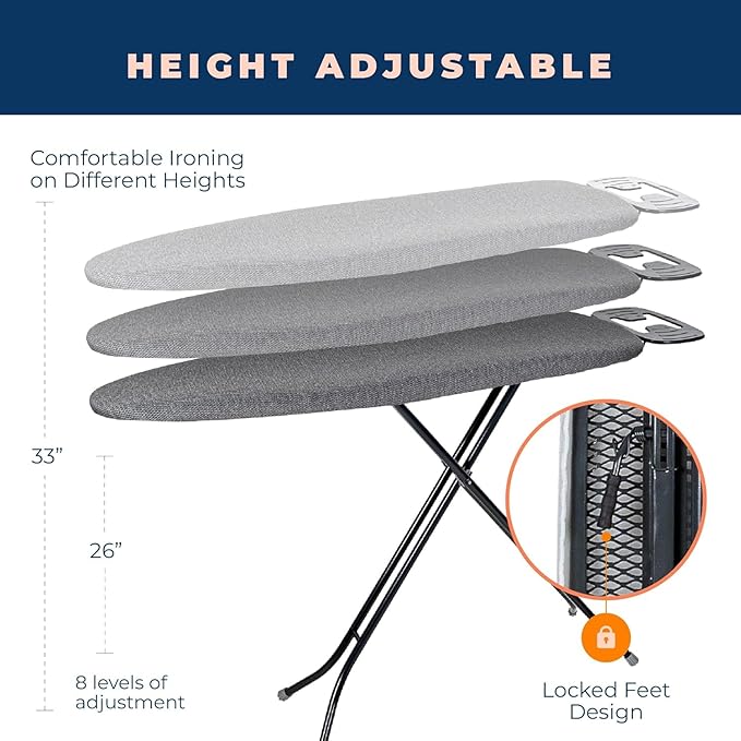 Ironing Board with Iron Rest, Iron Board with 3 Layers Extra Thick Cover, Compact and Space Saver Foldable Ironing Board, Adjustable Height, Easy Storage with Smart Hanger and Lightweight Design-Ruum Studio Home