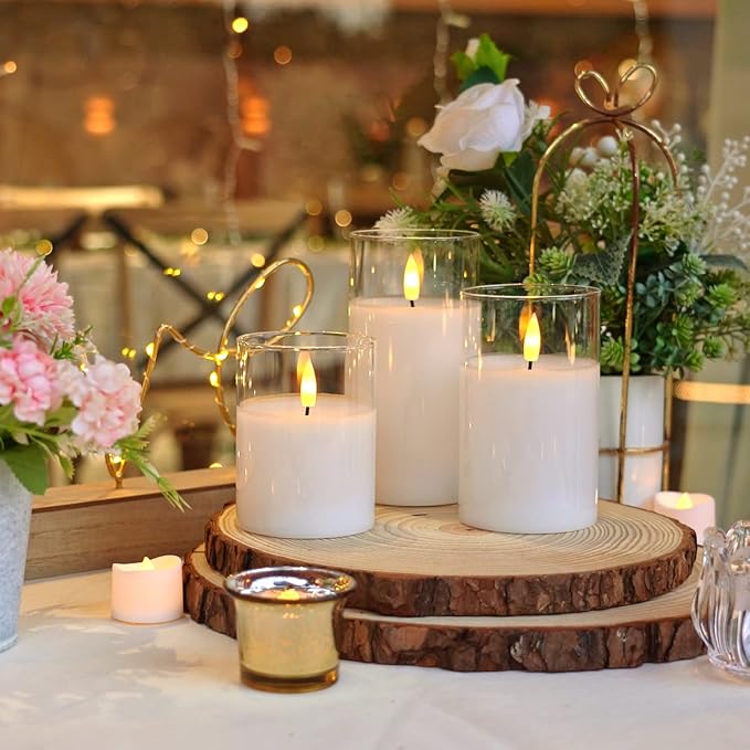 Homemory Clear Glass Flameless Candles, Pure White Wax Battery Operated Candles, LED Pillar Candles with Remote Control and Timers, D3 H4 5" 6", Set of 3-Ruum Studio Home