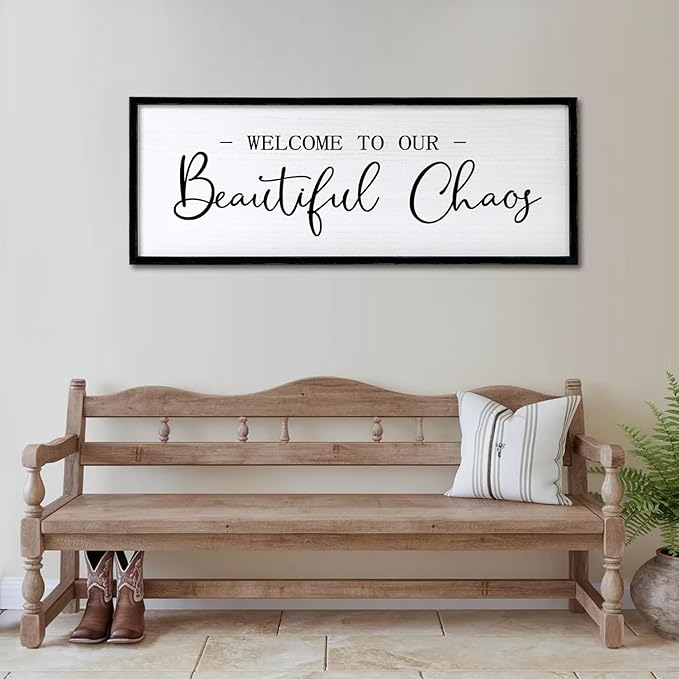 Welcome to Beautiful Chaos Framed Wall Art, 40''×15'' Rustic Horizontal Beautiful Chaos Plaque with Black Frame for Entryway Living Room, Farmhouse Long Welcome to our Chaos Wood Sign Wall Decor-Ruum Studio Home