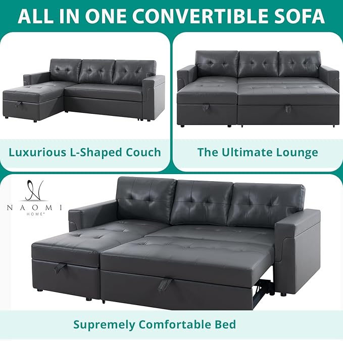 Naomi Home Transform Any Space: Sleeper Sectional Sofa with Convertible Sofa Bed & Inviting Chaise. Find Tranquil Comfort with Stress-Relieving Design & Durable Cushions - Dark Gray/Air Leather-Ruum Studio Home