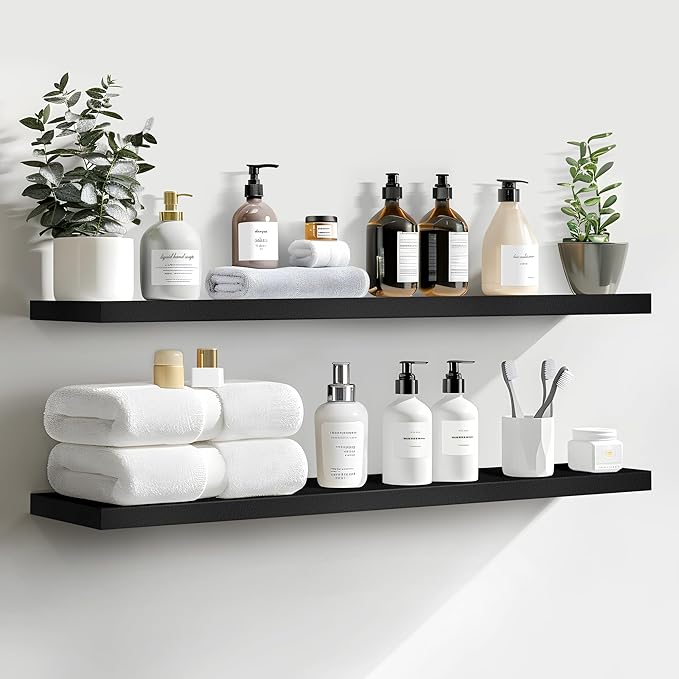 LaVie Home Floating Shelves, 36 Inch Wall Shelf Set of 2, Hanging Shelf with Invisible Brackets, Wall Decor for Bathroom, Bedroom, Living Room, Kitchen Storage, Classic Black-Ruum Studio Home