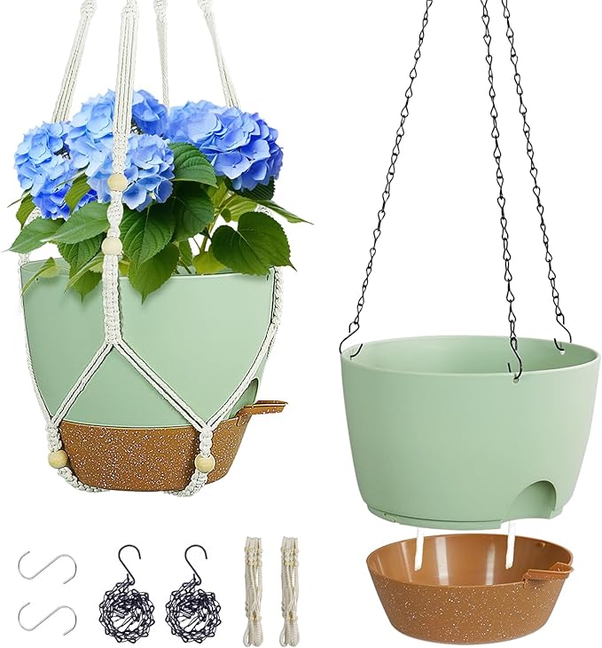 10 inch Self Watering Hanging Planters for Indoor Plants, 2 Pack Hanging Baskets for Outdoor Plants, Hanging Flower Pots with Drainage Holes & 2 Kinds of Plant Hangers for Home Decor, Green-Ruum Studio Home