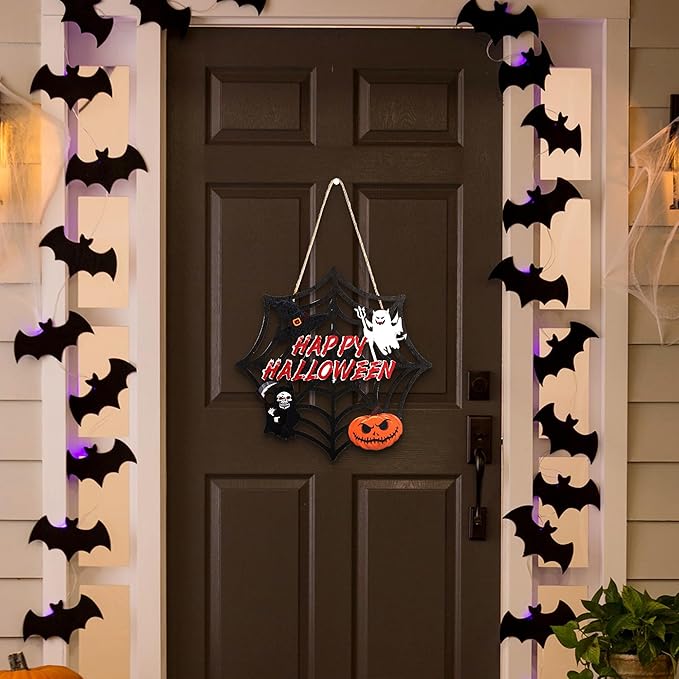 Halloween Party decorations - Welcome Sign for Front Door,Rustic Round Wood Wreaths for Outdoor Outside,Spider Web Garland Porch Ghost Decor for Party Favors Supplies | Halloween Decor for Wall Indoor-Ruum Studio Home