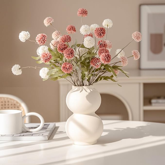 Faux White & Pink Kiku Flower, 10 Stems with 5 Heads Each & 4 Branches Eucalyptus Stems, Artificial Small Mini Chrysanthemum Flowers for Aesthetic Room Decor, Floral Arrangements Centerpiece-Ruum Studio Home