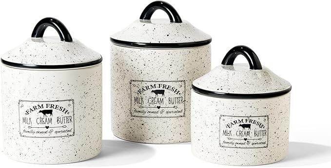 American Atelier Canister Set 3-Piece Ceramic Jars in Small, Medium, Large with Airtight Lids for Cookies, Candy, Coffee, Flour, Sugar, Rice, Pasta, Cereal & More (Farm Fresh)-Ruum Studio Home