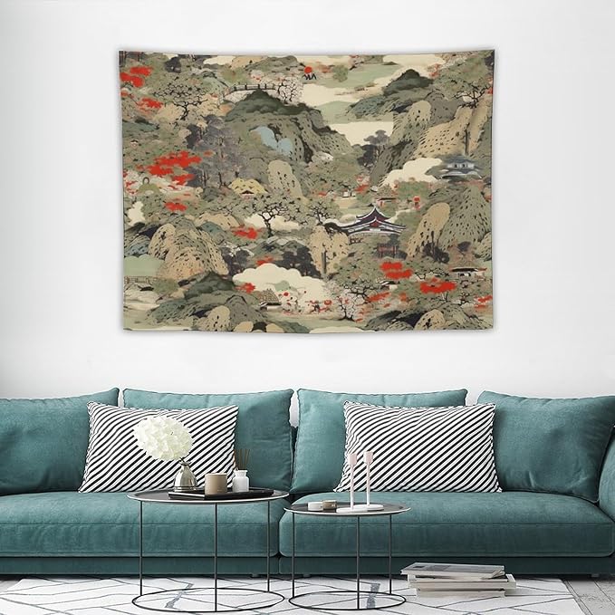 Asian Tapestry, Japanese Red Landscape, Bedroom & Living Room Decor, 40"x30"-Ruum Studio Home