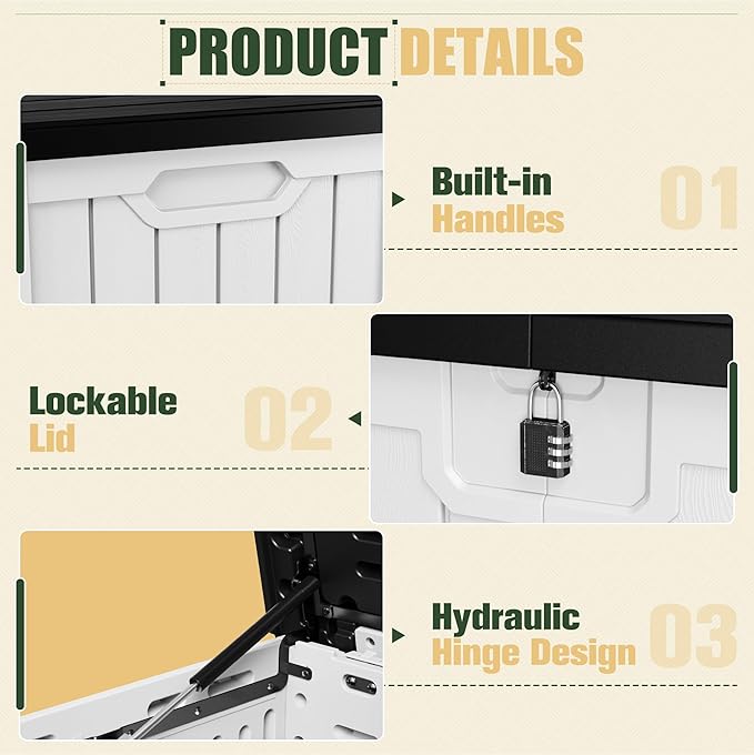 JUMMICO 250 Gallon Outdoor Resin Deck Box with Divider, Waterproof Storage Box with Lockable Lid&Side Handles for Garden Tools, Pools Supplies (White with Black Cover)-Ruum Studio Home