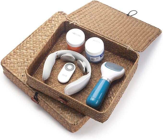 Seagrass Storage Basket Box with Lid Rectangular Woven Shelf Baskets Bins for Organize Snack Toys Set of 2 Natural Decorative(Large+Small)-Ruum Studio Home