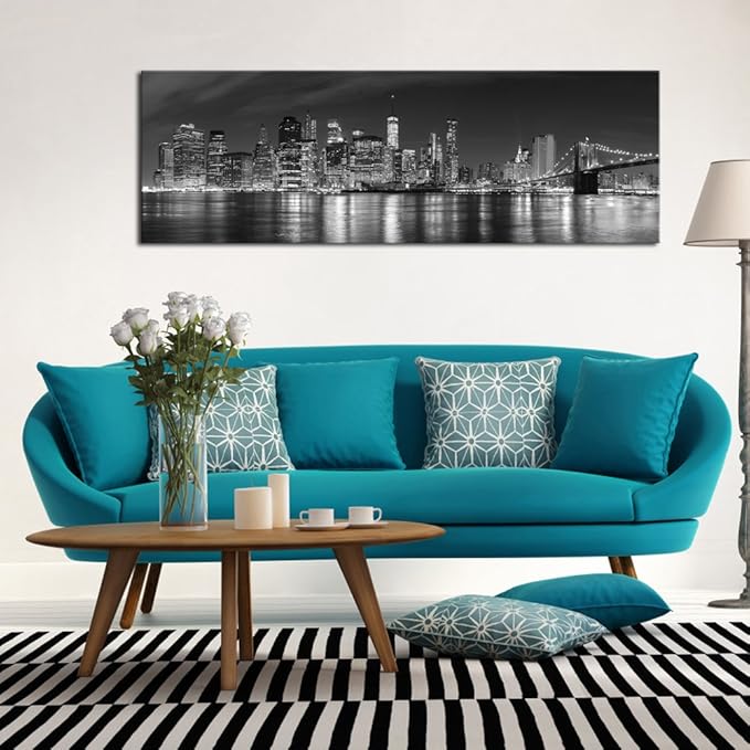 Wieco Art New York Manhattan Night View in Black and White Giclee Canvas Prints Modern Stretched and Framed Art work Cityscape Pictures Paintings on Canvas Wall Art for Bedroom Home Decorations-Ruum Studio Home