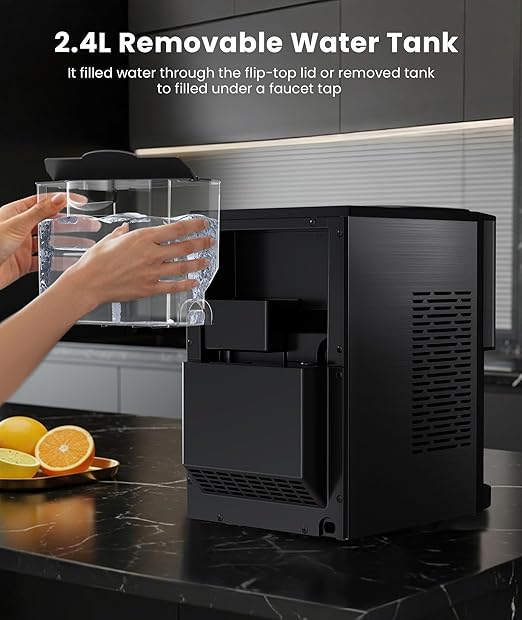 Nugget Ice Maker Countertop, 44lbs/24H Soft Chewable Pellet Ice Maker Machine Dispenser with Water Reservoir, Self-Cleaning, Pebble Ice Machine for Home Kitchen, Office, Black Stainless-Ruum Studio Home