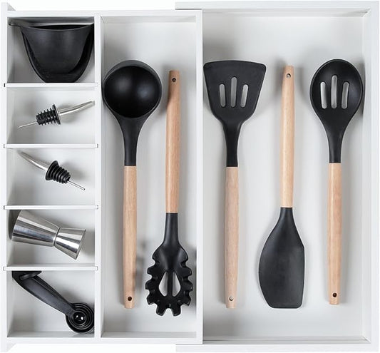 Adjustable Kitchen Drawer Organizer for Utensils and Junk, Food-Safe Contract Grade with 100% Sustainable Wood, Expandable from 10.5 to 19 Inches Wide - White Bamboo-Ruum Studio Home