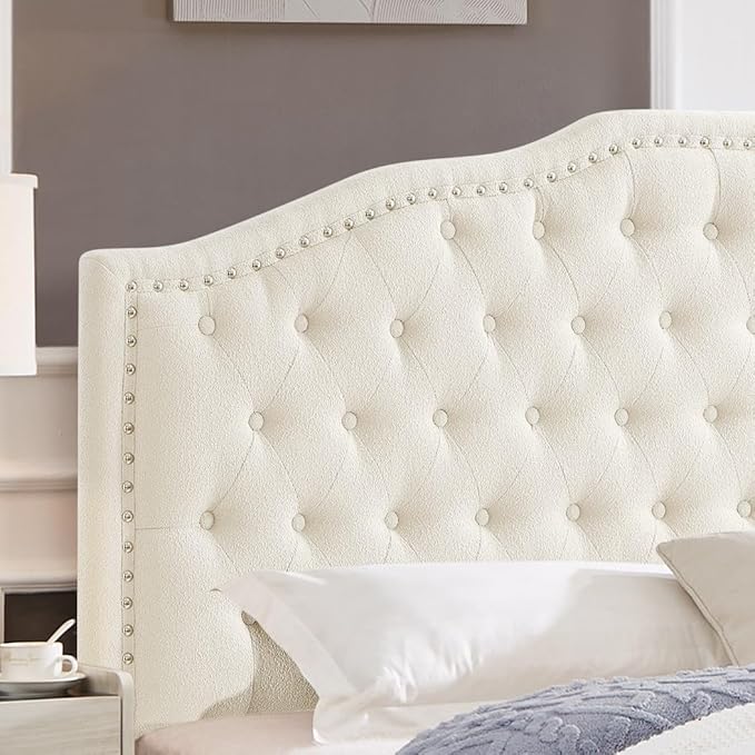 24KF Upholstered Button Tufted King Size Headboard with Nailhead Trim, Elegant Boucle Fabric California King headboard, 6031-K-Boucle-Ivory-Ruum Studio Home