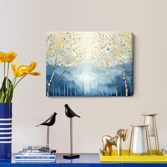 amatop Abstract Tree of Life Wall Art– Modern Blue Yellow Picture Forest Birch Mountain Canvas Print Minimalist Landscape Small Nature Artwork for Bathroom Bedroom Office Decor,16x12 Inch-Ruum Studio Home