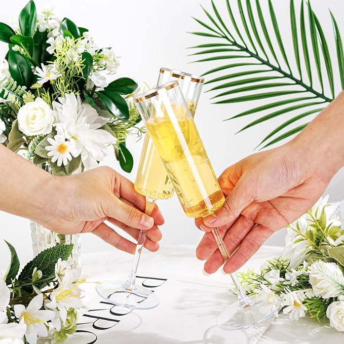 Ciaell 24 Pack Plastic Champagne Flutes - 6Oz Gold Rim Disposable Champagne Glasses - Square Clear Plastic Toasting Glasses for Party Birthday Anniversary Wedding-Ruum Studio Home