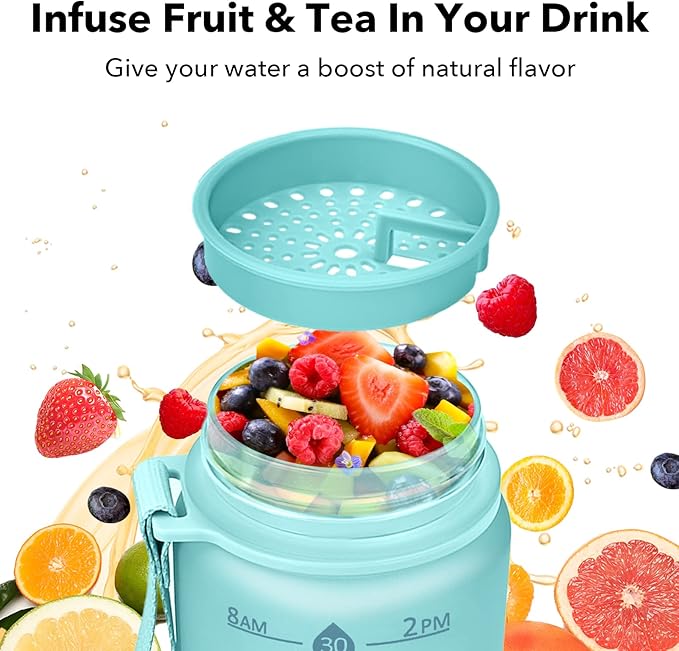 32oz Motivational Water Bottles with Time Marker & Fruit Strainer, Transparent Gradient Color Water Bottle with Times to Drink, Leakproof & BPA Free, Reusable Bottle with Strap (No Straw)-Ruum Studio Home
