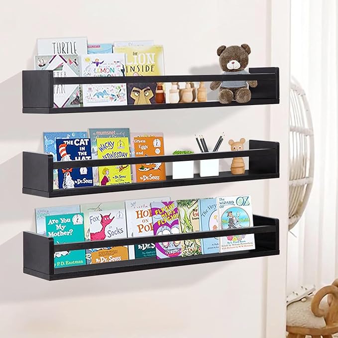 AZSKY Black Nursery Bookshelves for Wall Hanging Kids Bookshelf Baby Book Shelf Organizer Wall Bookshelves Kids Shelves and Storage for Wall Playroom Shelves 36 Inch a Set of 3 Same Sizes-Ruum Studio Home