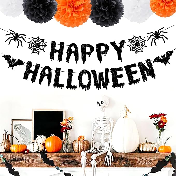 Orange Black Happy-Halloween Party Decorations - 13PCS Spider Web Bats Streamers Banner ,Paper Flowers Lanterns Tissue Pom Poms Fans, Classroom Birthday Bachelorette Hanging Supplies Decor Hugfond-Ruum Studio Home
