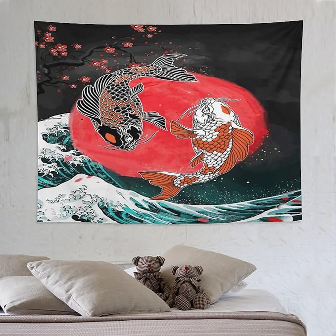 Houselerax Koi Fish Tapestries,Japanese Style Yin Yang Big Wave Cherry Blossoms Tapestry Wall Hanging for Bedroom Living Room Office Decor 80"x60"-Ruum Studio Home