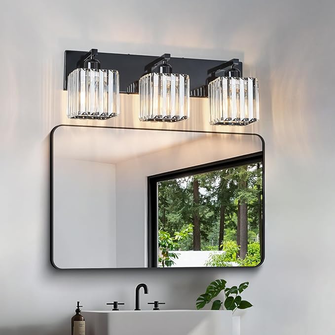 Modern Bathroom Vanity Light 3-Lights Plating Black Crystal Bathroom Wall Light Vanity Light Fixtures-Ruum Studio Home