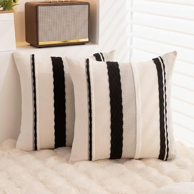 Boho Throw Pillow Covers 18x18 Set of 2 Farmhouse Decorative Cushion Case Striped Square Pillows Cover Chenille Pillow Cases Accent Neutral Pillowcase for Sofa Couch Bed,Black and White-Ruum Studio Home