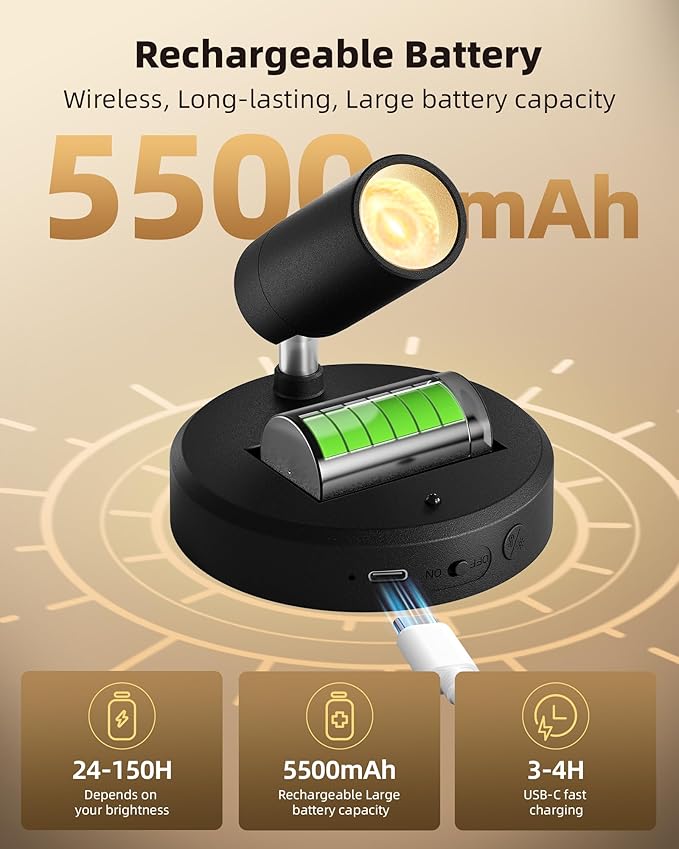 EZVALO Spotlights Indoor with Remote, 5500mAh Rechargeable Picture Lights, Wireless LED Uplighting with Timer＆Dimmable, 3CCT, Display Lights for Plant Painting, Artwork, Accent Lighting (2Pack-Black)-Ruum Studio Home