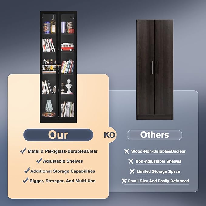 5 Tier Metal Curio Cabinets, 71" Tall Modern Bookshelf Cabinet with 4 Adjustable Shelves, Cabinet Display Case for Home Office, Living Room, Pantry, Assemble Required, Black-Ruum Studio Home