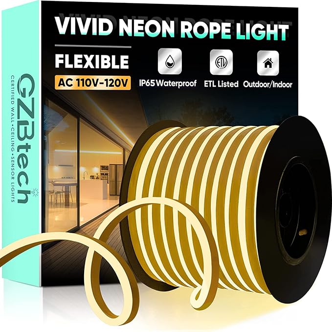 GZBtech Flexible LED Neon Rope Lights 100FT,AC 110-120V Waterproof Strip Light, 120 LEDs/M Cuttable Connectable Neon Lighting for Indoor Outdoor Home Decor/Commercial Building Use-Warm White 30M-Ruum Studio Home