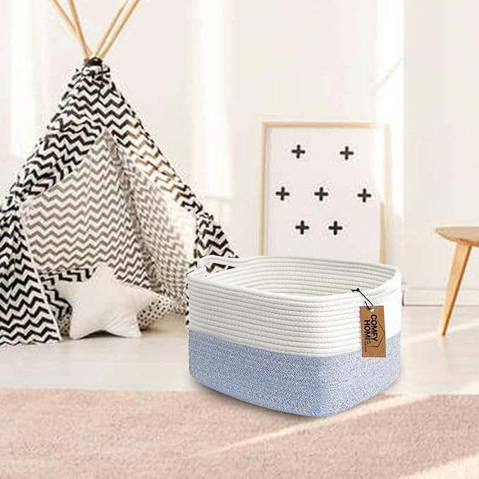 COMFY-HOMI Cotton Rope Woven Basket with Handles for shelf，Toy, Book, Cloth Storage Basket for Organizing-13.5"X11"X9.5" Storage Bin for Living Room, Newborn or Infant Gift for boy girl （White/blue）-Ruum Studio Home