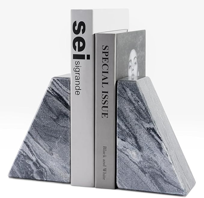 Marble Bookends for Heavy Books, Decorative Book Ends for Shelves, Unique and Heavy-Duty Book Ends for Hardback Book & CDS, Stone Book Stopper, Modern Book Holder, Monte Grigi, Set of 2-Ruum Studio Home