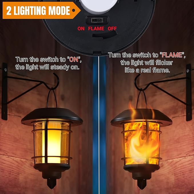 Dynaming Solar Flame Wall Lanterns, Outdoor Solar Wall Hanging Lights, Flickering Flame LED Lights Auto On/Off Wall Mounted Sconce Lights with Hooks, Waterproof for Garage Stair Patio Porch, 2 Pack-Ruum Studio Home