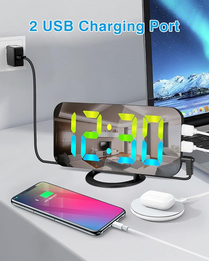 SZELAM LED RGB Digital Alarm Clock,with 11 Color Modes Display,Mirror Surface,Dual USB Charger Ports,Modern Desk Clocks for Bedroom Home Office Decor- Black-Ruum Studio Home